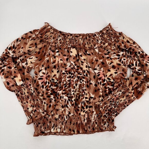 Patrizia Luca Smocked Blouse Size S Brown Animal Print Ruffle Long Sleeve Top - Picture 2 of 8
